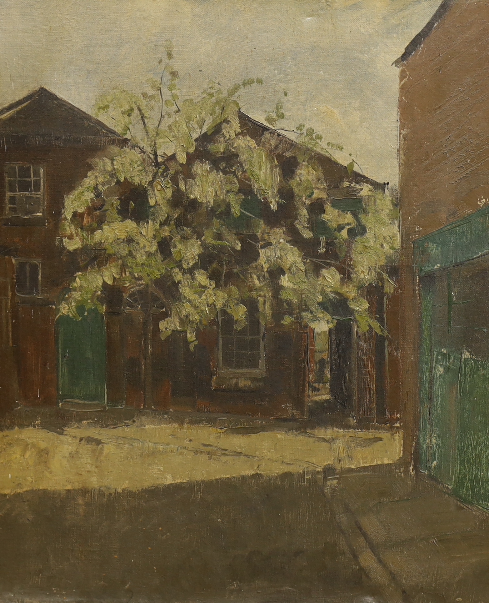 20th century English School, oil on canvas, Tree before buildings, possibly Camberwell or Euston Road school, 50 x 42cm, unframed